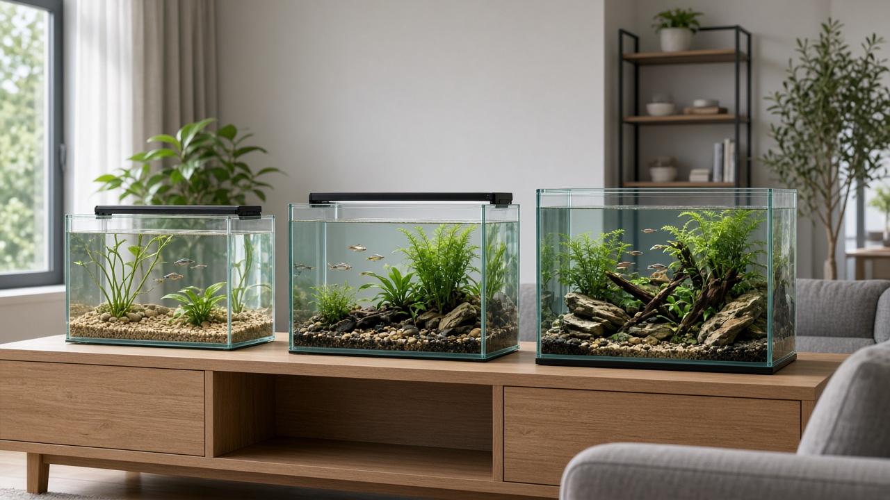 Trois aquariums de tailles différentes dans un salon