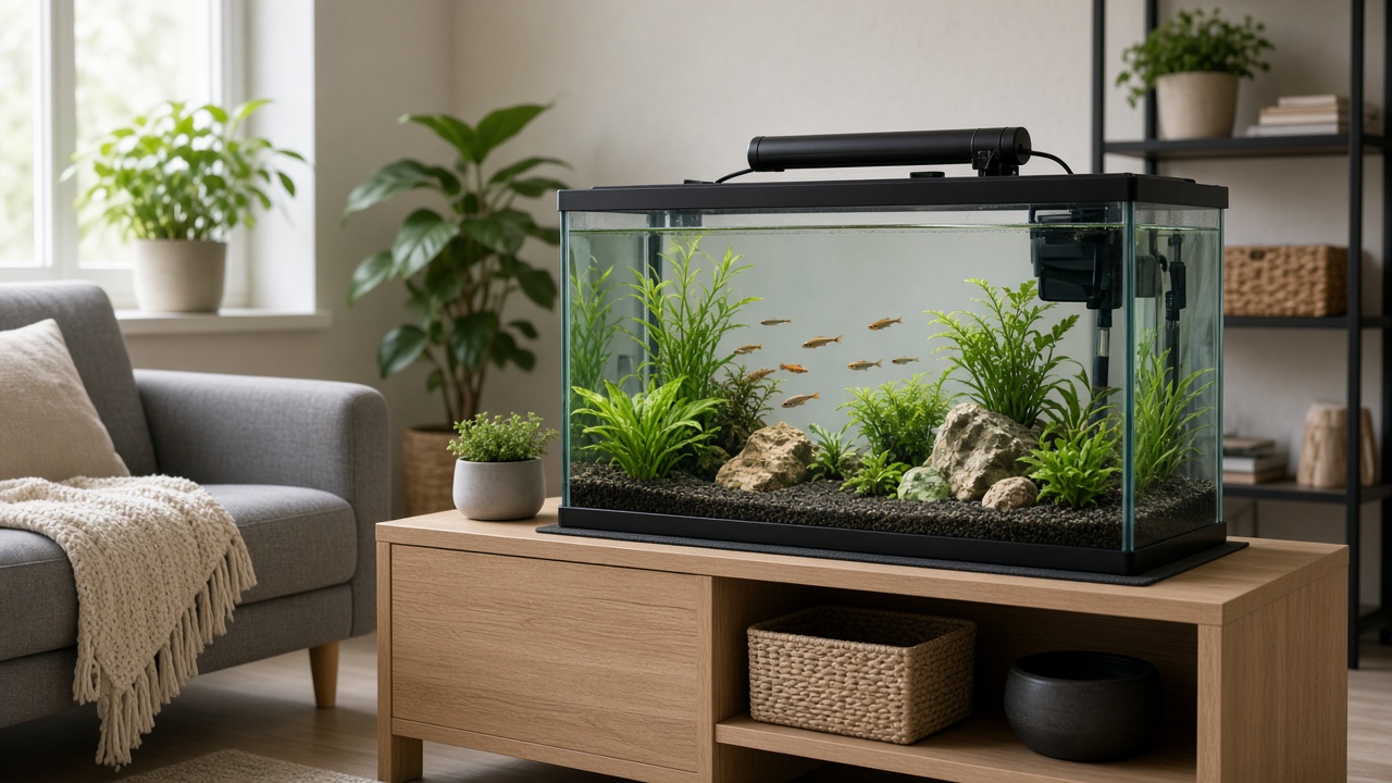 Kit aquarium débutant et accessoires sur une table