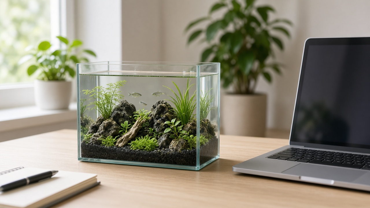 Petit aquarium nano sur un bureau près d'un écran