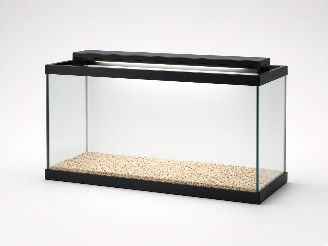 Aquarium ~60 L avec rampe LED, vue produit studio