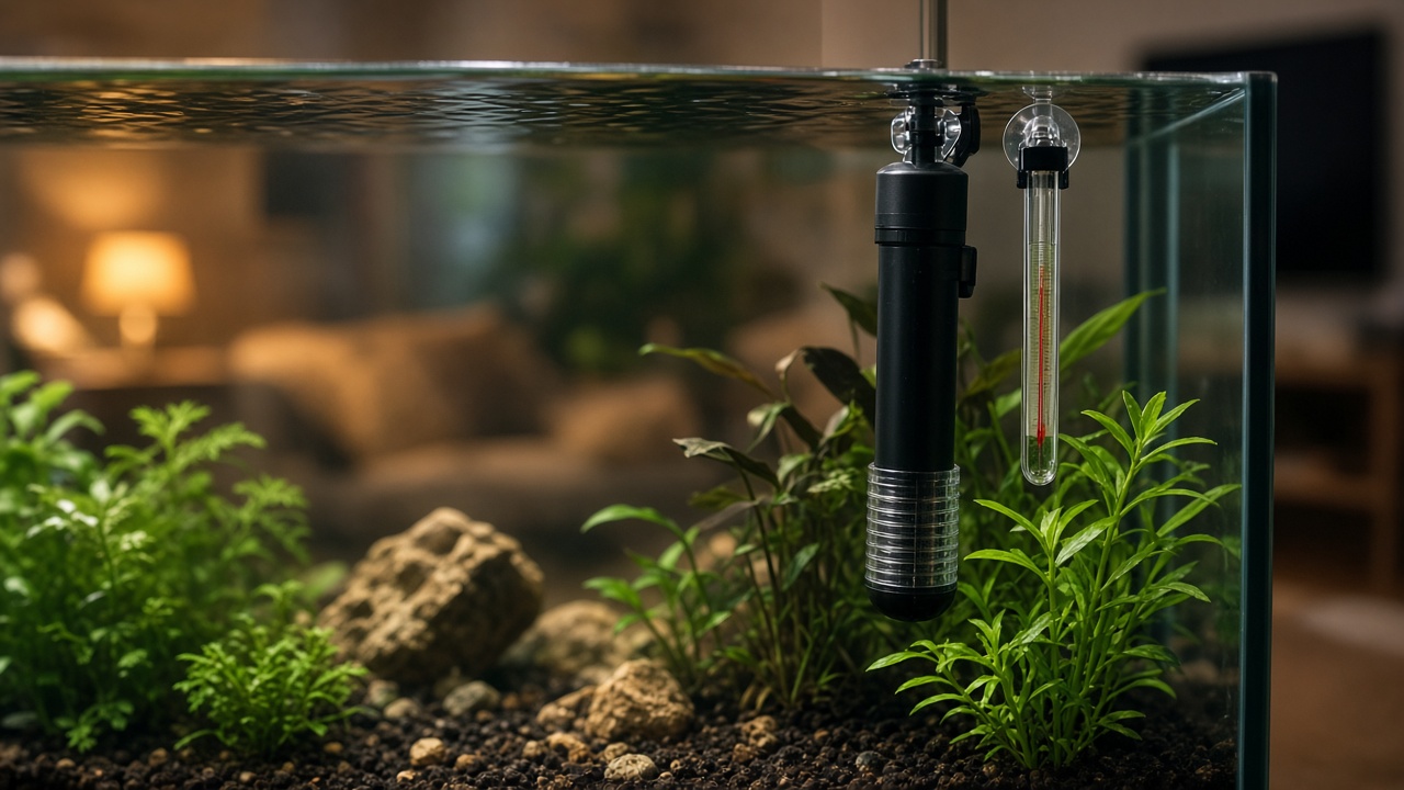 Chauffage et thermomètre dans un aquarium d'eau douce
