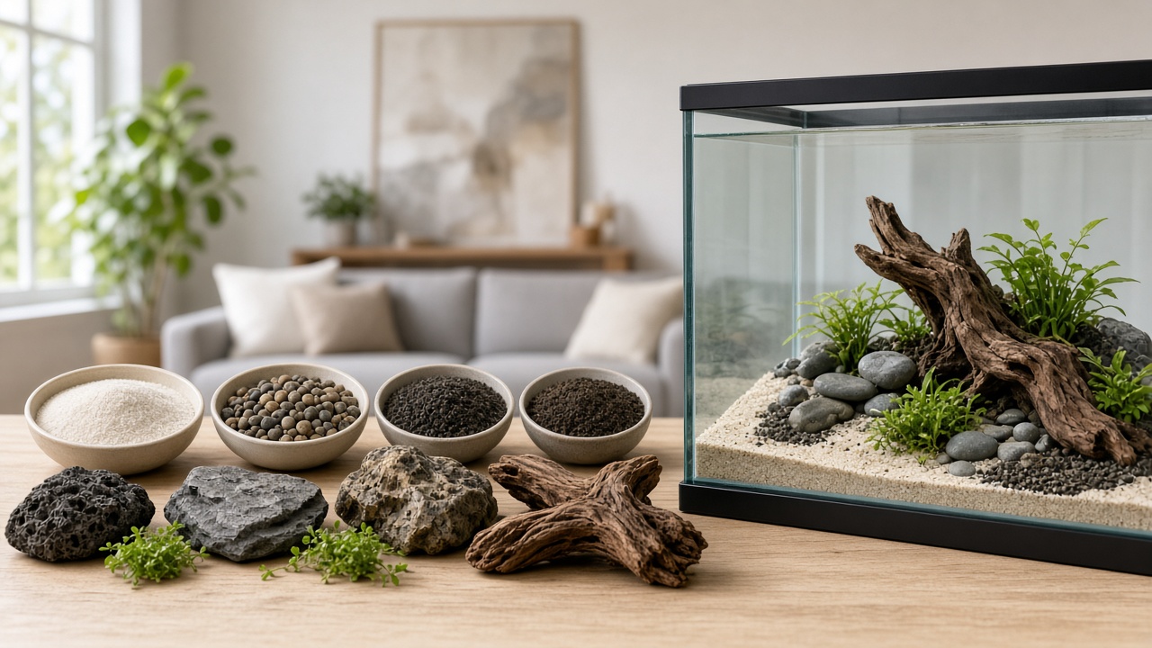 Substrat, racines et déco pour aquarium sur un atelier