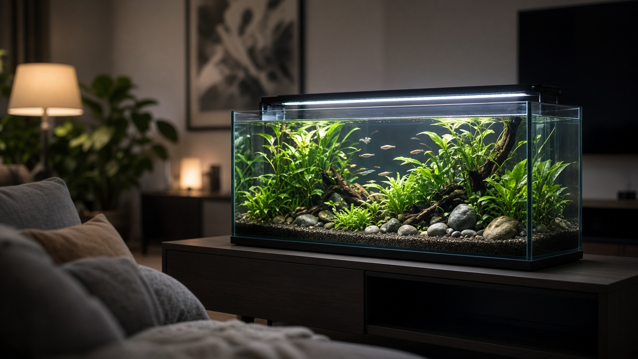 Rampe LED allumée au-dessus d'un aquarium planté