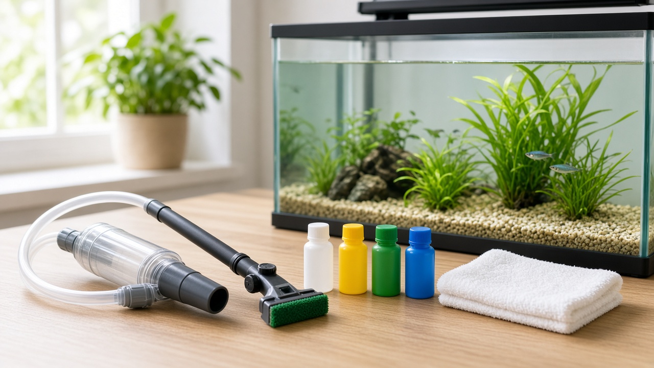 Épuisette, siphon et seau pour entretien d'aquarium