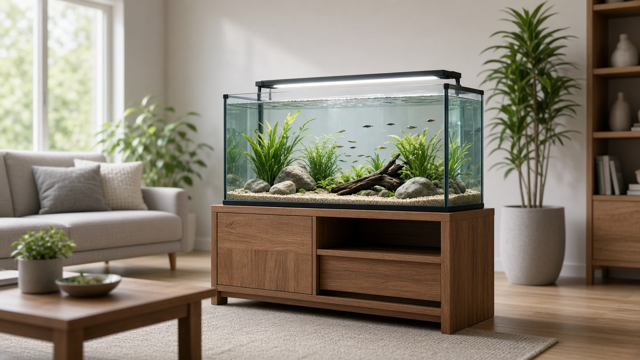 Aquarium posé sur un meuble stable dans un salon