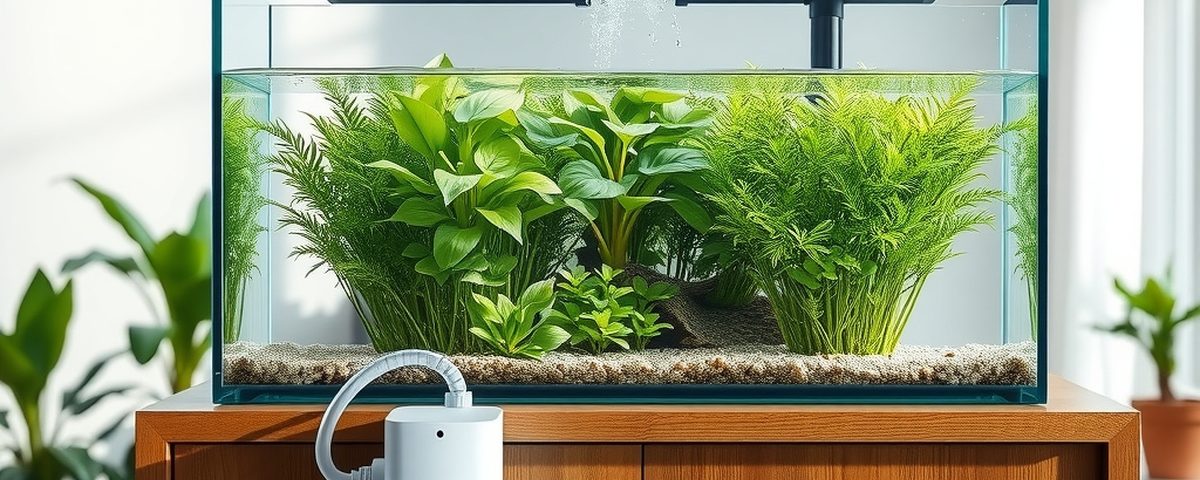Aquarium d’eau douce planté sur un meuble en bois avec une petite pompe à air blanche posée à côté
